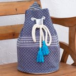 Cotton backpack, 'Day Trip in Blue' - Drawstring Cotton Backpack Handcrafted in Mexico