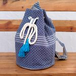 Cotton backpack, 'Day Trip in Blue' - Drawstring Cotton Backpack Handcrafted in Mexico