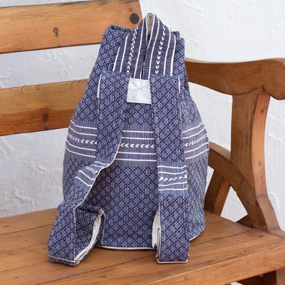 Cotton backpack, 'Day Trip in Blue' - Drawstring Cotton Backpack Handcrafted in Mexico