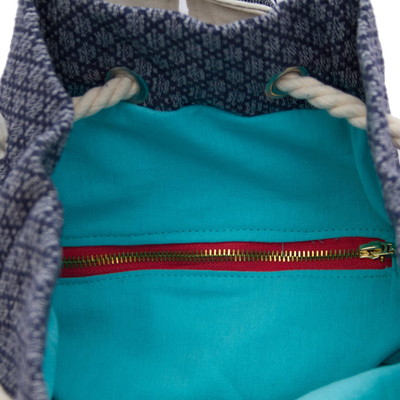 Baumwollrucksack „Day Trip in Blue“ – Baumwollrucksack mit Kordelzug, handgefertigt in Mexiko