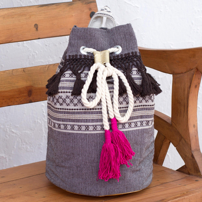 Cotton backpack, 'Day Trip Fringe' - Striped Drawstring Cotton Backpack Handcrafted in Mexico
