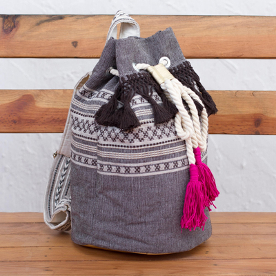 Cotton backpack, 'Day Trip Fringe' - Striped Drawstring Cotton Backpack Handcrafted in Mexico