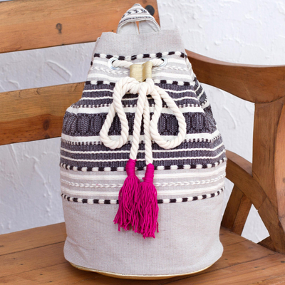 Cotton backpack, 'Day Trip Light' - Striped Drawstring Cotton Backpack Handcrafted in Mexico