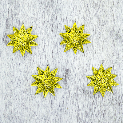 Zinnornamente, (4er-Set) - Handgefertigte Zinn-Sternornamente in Gelb (4er-Set) aus Mexiko