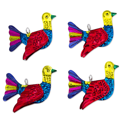 Tin ornaments, 'Beautiful Doves in Red' (set of 4) - Tin Dove Ornaments Red Multicolored (Set of 4) from Mexico