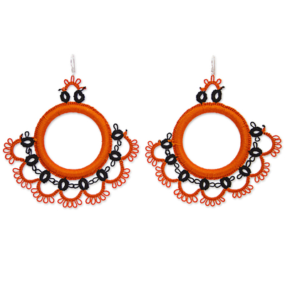 Cotton dangle earrings, 'Fanfare in Orange' - Handcrafted Orange Cotton Dangle Earrings with Fan Motif