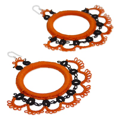 Cotton dangle earrings, 'Fanfare in Orange' - Handcrafted Orange Cotton Dangle Earrings with Fan Motif