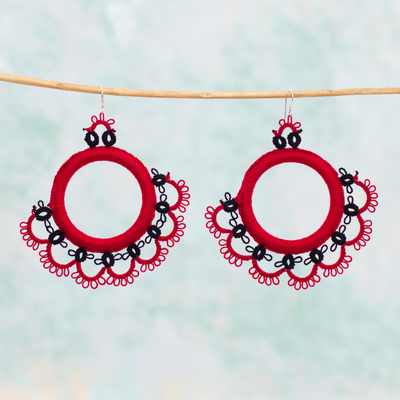 Cotton dangle earrings, 'Fanfare in Red' - Handcrafted Red Cotton Dangle Earrings with Fan Motif