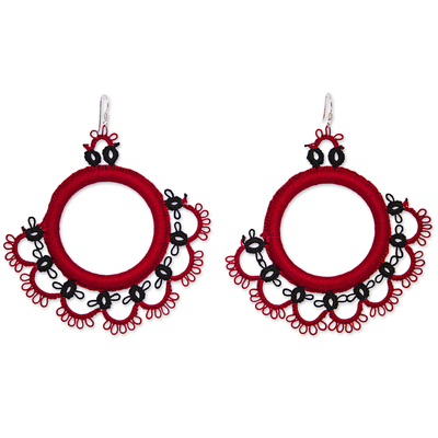 Cotton dangle earrings, 'Fanfare in Red' - Handcrafted Red Cotton Dangle Earrings with Fan Motif