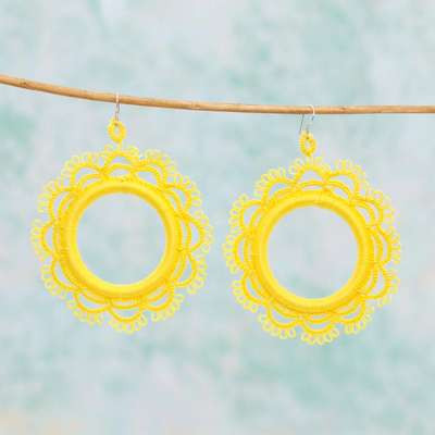 Cotton dangle earrings, 'Yellow Sun' - Handcrafted Yellow Cotton Dangle Earrings with Sun Motif