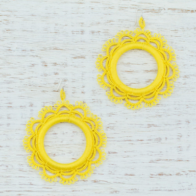 Cotton dangle earrings, 'Yellow Sun' - Handcrafted Yellow Cotton Dangle Earrings with Sun Motif