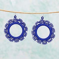 Cotton dangle earrings, 'Azul Sun'