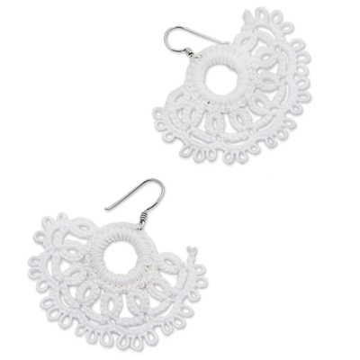 Cotton dangle earrings, 'White Sun' - Silver and White Cotton Dangle Earrings with Sun Motif
