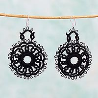 Cotton dangle earrings, 'Black Flower Blossom'