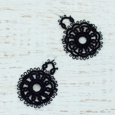 Cotton dangle earrings, 'Black Flower Blossom' - Handcrafted Black Cotton Dangle Earrings with Flower Motif