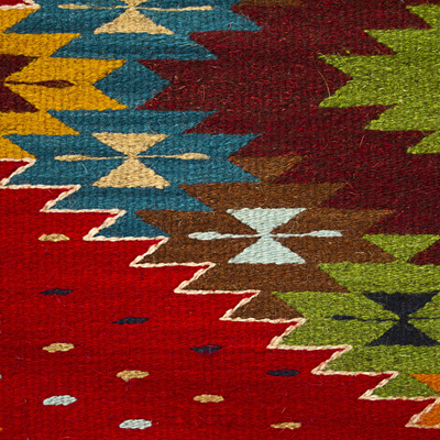 Alfombra zapoteca de lana, (4x6) - Tapete de lana zapoteca con diseño de rombos en rojo (4x6)