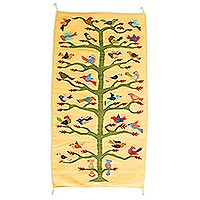 Zapotec wool area rug, 'Bird's Eye View' (3x5) - 100% Wool Area Rug in Yellow with Bird and Tree Theme (3x5)