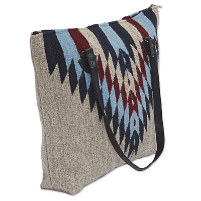 Leather accent Zapotec wool shoulder bag, 'Diamond Bliss' - Wool Shoulder Bag with Zapotec Diamond Pattern and Leather
