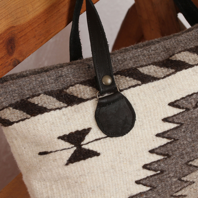 Bolso bandolera de lana zapoteca - Bolso tote de lana hecho a mano en blanco antiguo de México