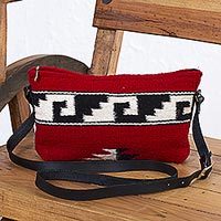 Zapotec wool shoulder bag, 'Crimson' - Zapotec Red Wool Shoulder Bag with Adjustable Leather Strap