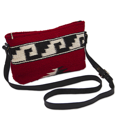 Zapotec wool shoulder bag, 'Crimson' - Zapotec Red Wool Shoulder Bag with Adjustable Leather Strap