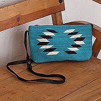 Bolso bandolera de lana zapoteca - Bolso bandolera de lana hecho a mano azul caribeño de México