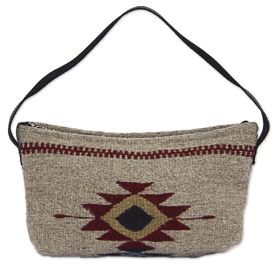 Zapotec wool baguette handbag, 'Godlike Eye in Khaki' - Zapotec Wool Baguette Handbag in Khaki from Mexico