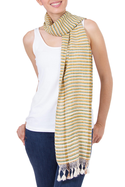 Silk scarf, 'Striped Beauty' - Hand Woven Striped Silk Scarf with Fringes from Mexico