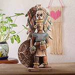 Handmade Ceramic Sculpture of Aztec Warrior from Mexico, 'Aztec Warrior with Rattles'