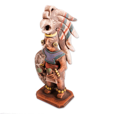 Ceramic sculpture, 'Aztec Warrior with Rattles' - Handmade Ceramic Sculpture of Aztec Warrior from Mexico