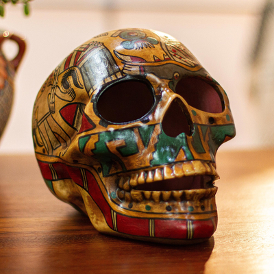 Keramische Skulptur, „Geschichte des Todes“. - Handgefertigte mehrfarbige Keramik-Schädelskulptur aus Mexiko
