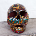 Ceramic sculpture, 'Story of Death' - Handcrafted Multicolor Ceramic Skull Sculpture from Mexico
