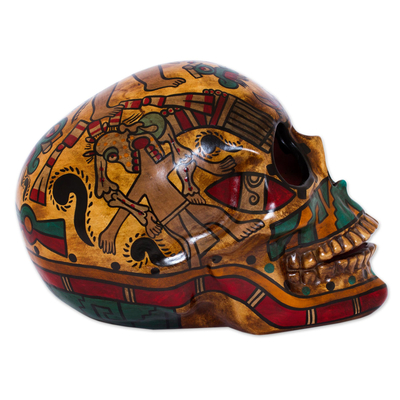 Escultura de cerámica, 'Historia de la Muerte' - Escultura de calavera de cerámica multicolor hecha a mano de México