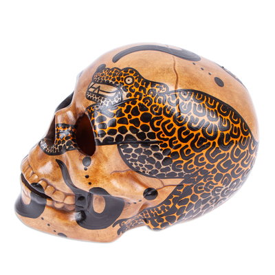 Ceramic sculpture, 'Balam Jaguar' - Handcrafted Mayan Ceramic Skull Sculpture from Mexico