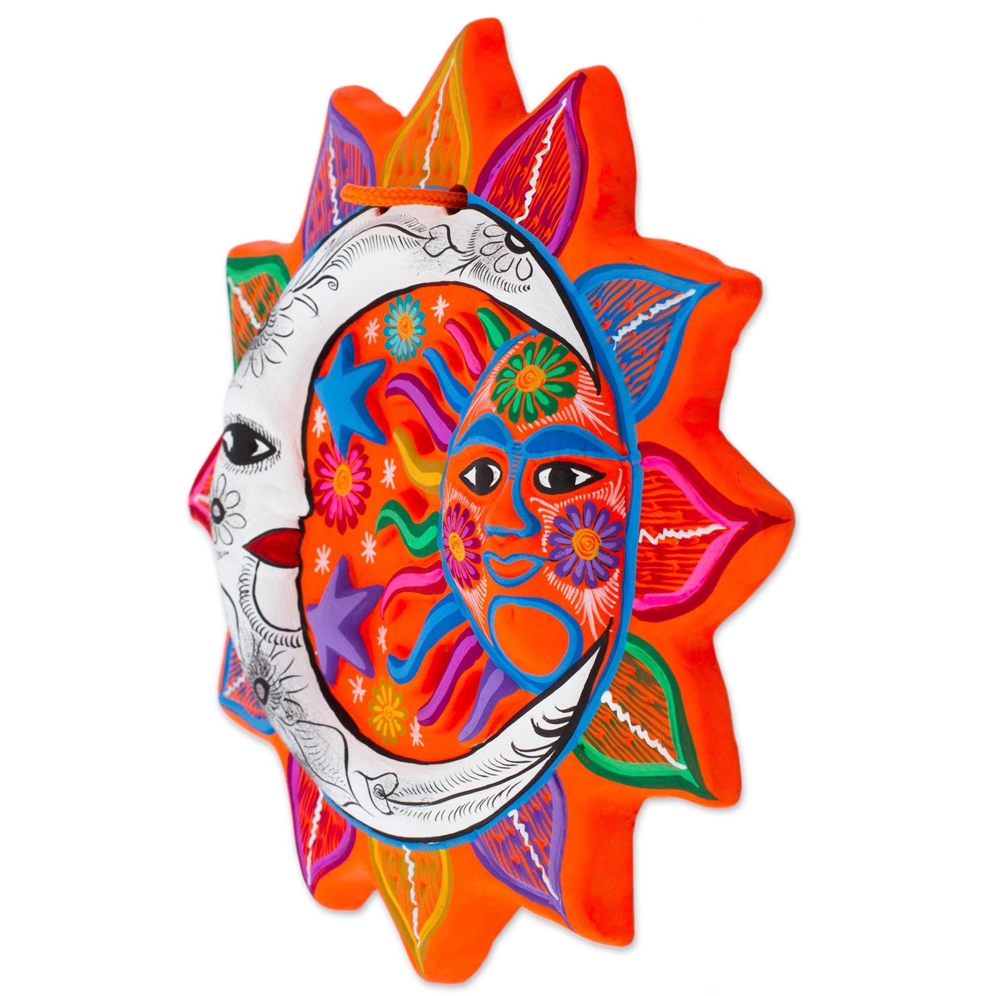 Multicolored Ceramic Sun and Moon Wall Art from Mexico Celestial Flower NOVICA