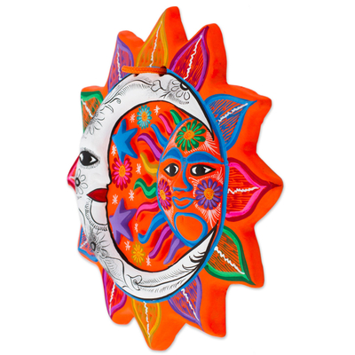 arte de la pared de cerámica - Arte mural de cerámica multicolor con sol y luna de México