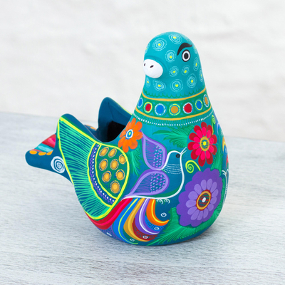 Escultura de cerámica - Escultura de paloma de cerámica pintada a mano con motivo floral de México