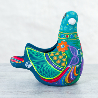 Ceramic sculpture, 'Teal Dove' - Ceramic Hand Painted Dove Sculpture Floral Motif from Mexico