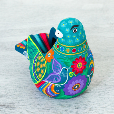 Keramikskulptur - Handbemalte Taubenskulptur aus Keramik mit Blumenmotiv aus Mexiko