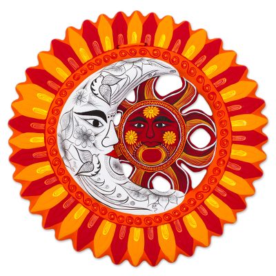 Ceramic wall art, 'Solar Union in Orange' - Orange Red Ceramic Wall Art Sun Moon from Mexico