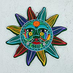 Multicolored Sun Ceramic Wall Art from Mexico, 'Teal Sun'