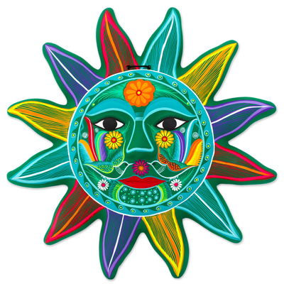 Ceramic wall art, 'Teal Sun' - Multicoloured Sun Ceramic Wall Art from Mexico