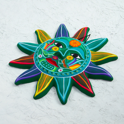 Ceramic wall art, 'Teal Sun' - Multicolored Sun Ceramic Wall Art from Mexico