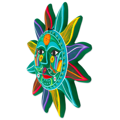 Ceramic wall art, 'Teal Sun' - Multicoloured Sun Ceramic Wall Art from Mexico