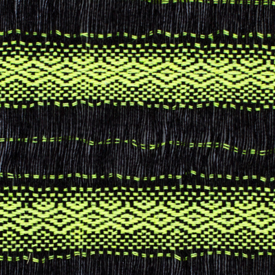 Baumwollschal - Handgewebter Baumwollschal mit Chartreuse-Streifen aus Mexiko