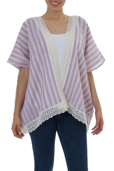 Hand Woven Cotton Kimono Jacket in Lavender from Mexico