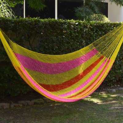 Hammock, 'Candy Delight' (double) - Hand Woven Nylon Pink Yellow Hammock (Double) from Mexico