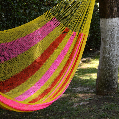 Hammock, 'Candy Delight' (double) - Hand Woven Nylon Pink Yellow Hammock (Double) from Mexico