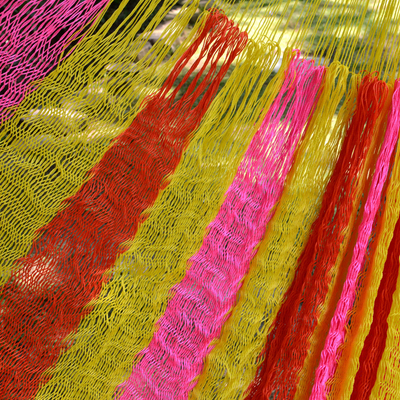 Hammock, 'Candy Delight' (double) - Hand Woven Nylon Pink Yellow Hammock (Double) from Mexico