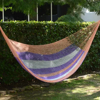 Hammock, 'Melon Stripe' (double) - Hand Woven Nylon Striped Hammock (Double) from Mexico